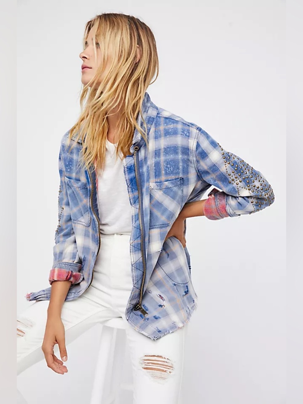 Free People • Deconstructed Plaid Embellished Shirt Jacket Blue Midnight Combo S
